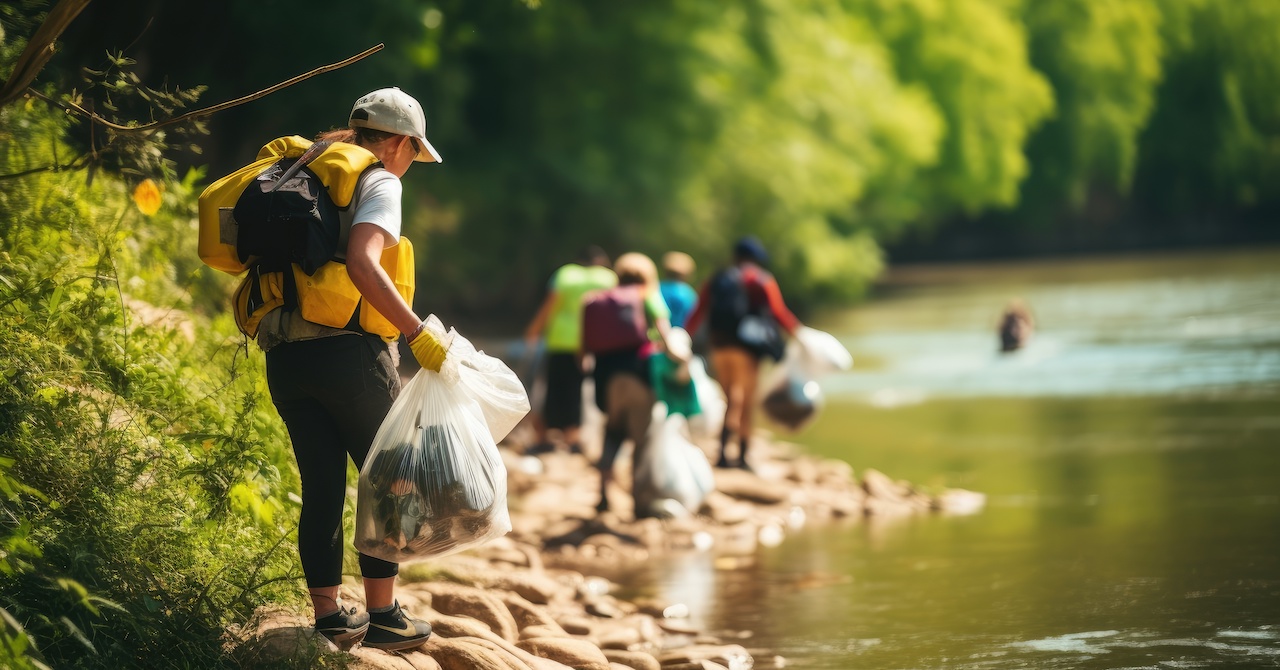 Gente cargando bolsas de plástico mientras caminan por el río