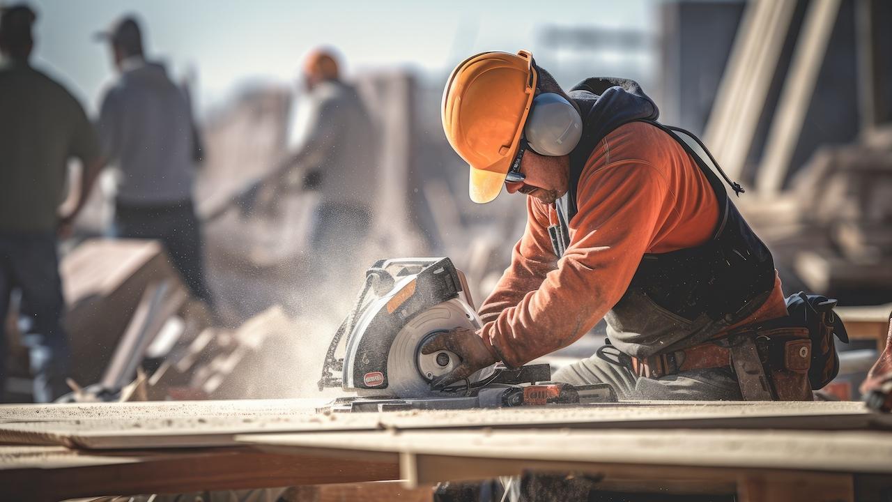 trabajador de construcción con maquinaria y auriculares