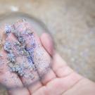 Mano con microplásticos recogidos de la playa